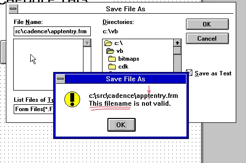 apptentry.frm not valid filename