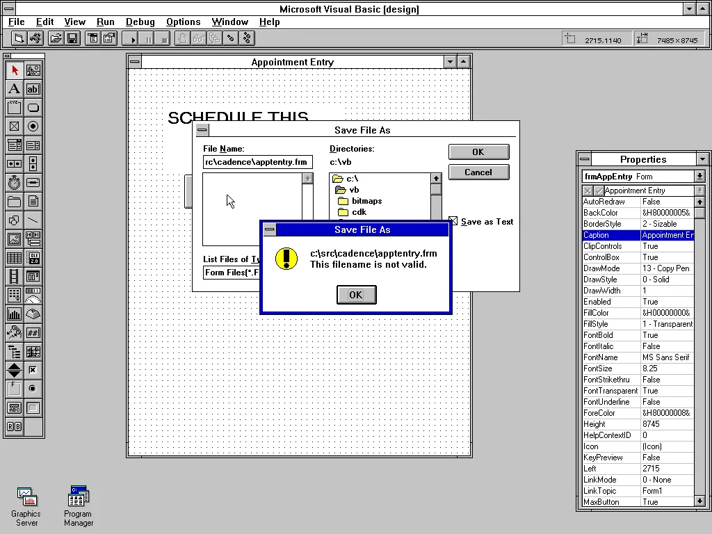 apptentry.frm not valid filename